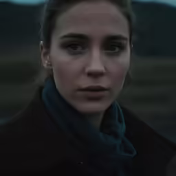 a woman wearing a scarf is staring into the camera