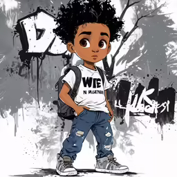 the young black kid is standing in front of a graffiti background