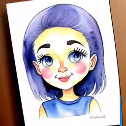 a drawing of a girl with blue eyes,this is a painting of a girl with blue hair,a drawing of a girl with blue hair with a smile,the drawing is of a girl with blue eyes and purple hair,a card with a girl