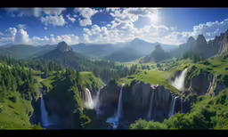 a painting of waterfall in the mountains with green grass