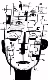 a drawing shows the face of a man with several different faces