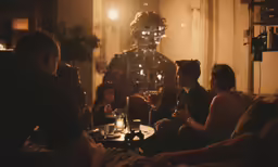 group of people sitting around drinking wine in a living room