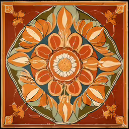 a painting with oranges and green leaves on it,the flower is painted on the orange surface