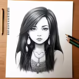 pencil drawing of a girl with long black hair