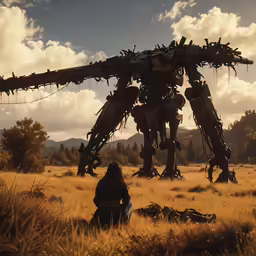 a woman sits on the ground in front of a statue of a giant robot