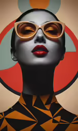 a woman with orange glasses stands in front of an artistic design