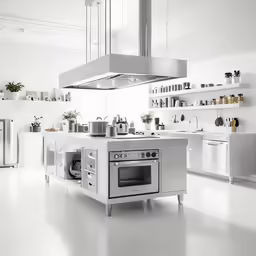 a kitchen with a range in the center