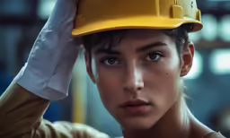 a woman with a hardhat in front of a building