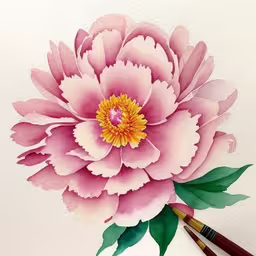 a picture of a pink flower in the middle of two brushes,pink and white flower is shown on the paper