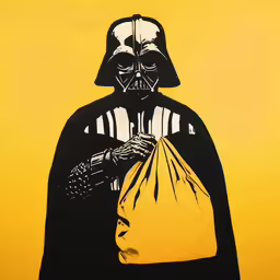 the silhouette of a man wearing darth vader suit holding a yellow bag