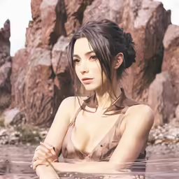 a girl is sitting in water in the rocks