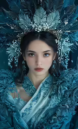 the portrait of a woman with blue wings wearing an elaborate headdress