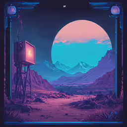a space station is surrounded by mountains and rocks,a futuristic painting with the sun in the background