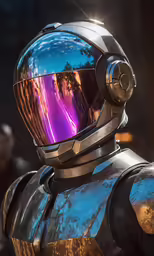 a person with a metallic suit on and wearing a helmet