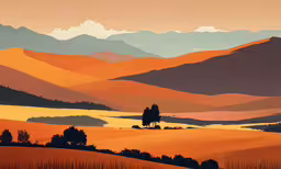 an image of a sunset that looks like the setting of a movie,a painting of a hilly landscape with hills and trees