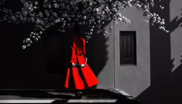 a woman in a red dress standing by a tree
