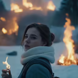 a woman with a scarf around her neck holds up a candle that reads the word love