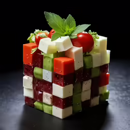 a small cube with assorted fruit and vegetable pieces