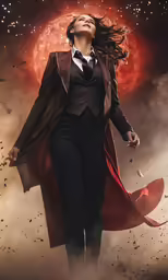 the doctor who is flying through the air with her hands in her hair