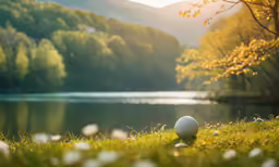 a golf ball is in the grass by a body of water