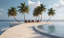 a pool with palm trees that overlook the ocean