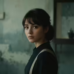 a girl with dark hair in a black dress looking into the camera