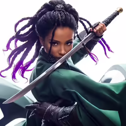 a young black woman is posing holding her sword and a blade