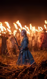 a girl in blue dress holding a stick