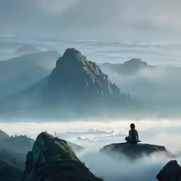 a person that is sitting on a rock near the mountain