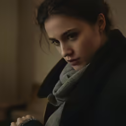 a woman in a jacket and scarf looking off