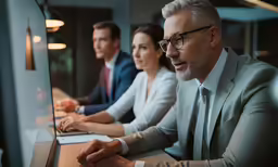 business people working on computer while sitting at the table