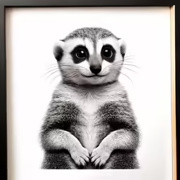 a small black and white picture of a meerkat