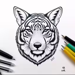 a black and white drawing of a tiger,an animal that is in black and white