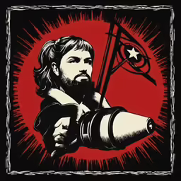 a person holding a camera in front of a red background