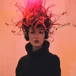 a woman with red paint on her head looking over her shoulder