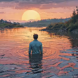 a person standing in water with the sun setting in the background,a person stands in the water at sunset
