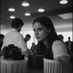 black and white photo of a woman using a camera