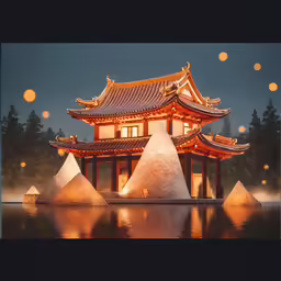 asian architecture on the water during night