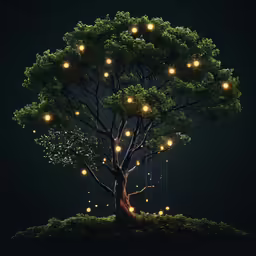 an unusual tree with lights on it in the dark