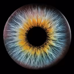 an orange, blue and yellow eyeball with black background