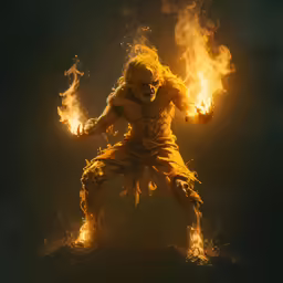 a man dressed as a lion with fire around his feet