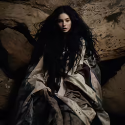 a woman with dark hair sitting in rocks