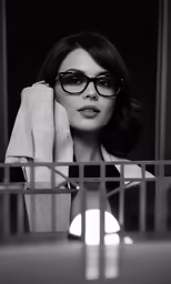a woman with glasses and a towel near her face