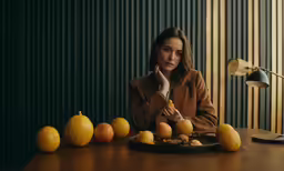 the woman is eating fruits on the table