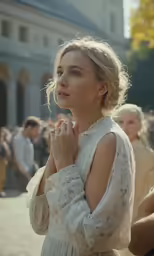 a young woman is standing in front of a large group of people