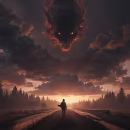 a man walks down the road under the dark clouds