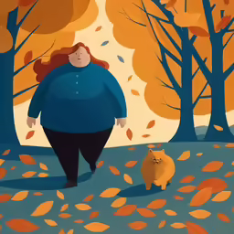 a big fat woman standing next to a dog in the fall