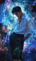 a male in a white shirt and dark pants