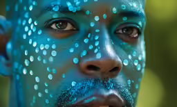 a man has blue makeup and green spots all over his face