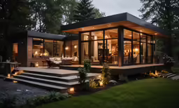 a house is lit up with a small porch and stairs